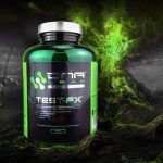 A green and black bottle labeled "DNA Anabolics TEST-FX" is displayed against a dark, abstract background with green highlights. As a men's health supplement featuring black ginger, it supports improved blood flow and overall vitality.