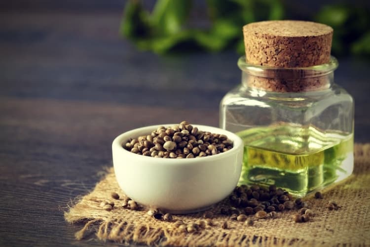 Hemp seeds and hemp oil, close up Hemp seeds and hemp oil, close up