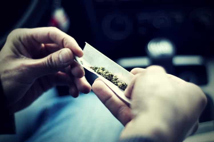 Man making joint and a stash of marijuana in the car