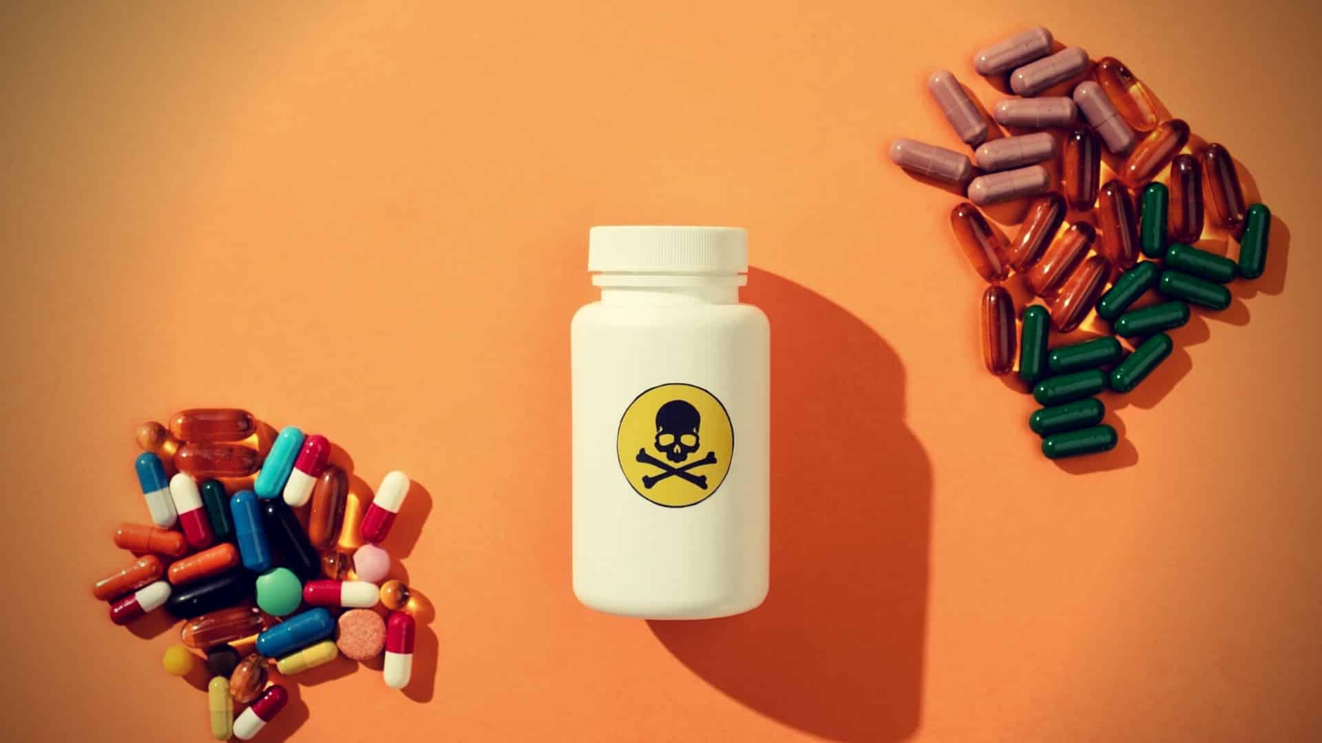 Top view of container with dangerous poison and dietary supplements