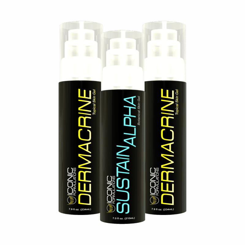 Dermacrine Sustain Alpha three-bottle stack — the typical 8-week cycle quantity from Iconic Formulations