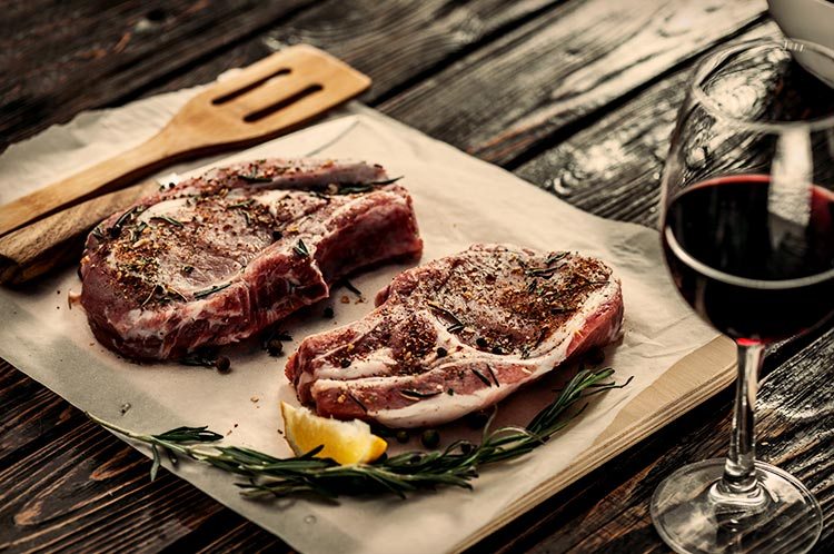 steak and glass of wine